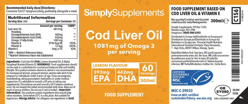 Cod Liver Oil Liquid Supplement | Supports Heart, Brain, Eye & Immune Health | High in DHA & EPA | Natural Lemon Flavour | 60 Servings (60ml) | Made in The UK | Made with MSC-Certified Cod Liver Oil
