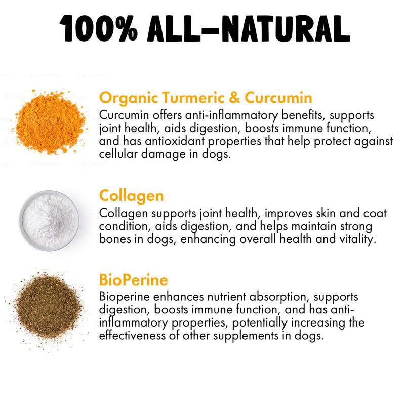 Turmeric Curcumin Hip & Joint Dogs Supplement Anti-Inflammatory Support for Arthritis & Mobility with Collagen & BioPerine Pain Relief Antioxidant Digestive Cardiovascular and Liver Health 120 Chews 1 Count (Pack of 120) - PawsPlanet Australia