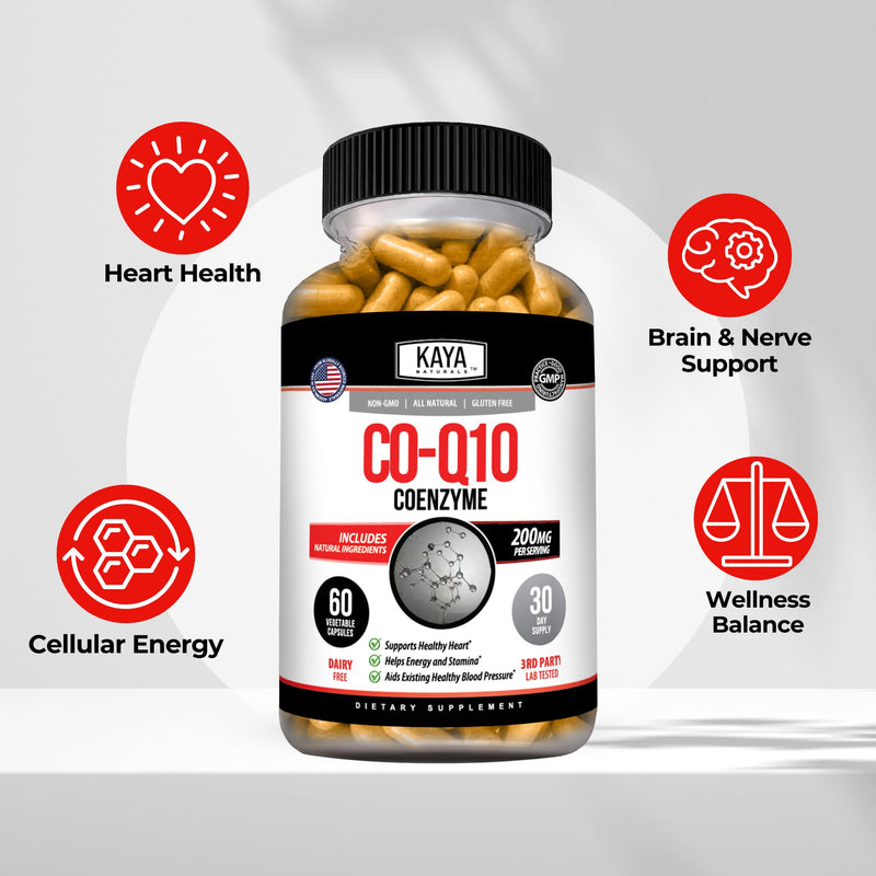 Kaya Naturals CoQ10 Power Antioxidant Supplement, 60 Veggie Capsules | Vascular & Heart Health, Healthy Blood Pressure Levels, Immune Function Support, Restores Cellular & Energy Production 60 Count (Pack of 1)