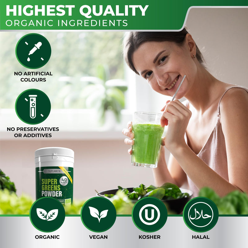 Organic Super Greens Powder | 40 Plant Ingredients for Gut Health | Vegan & Gluten-Free Greens Supplement | 30 Day Supply of Gut Health Powder - Vegetable with Extra Mushrooms 300 g (Pack of 1)