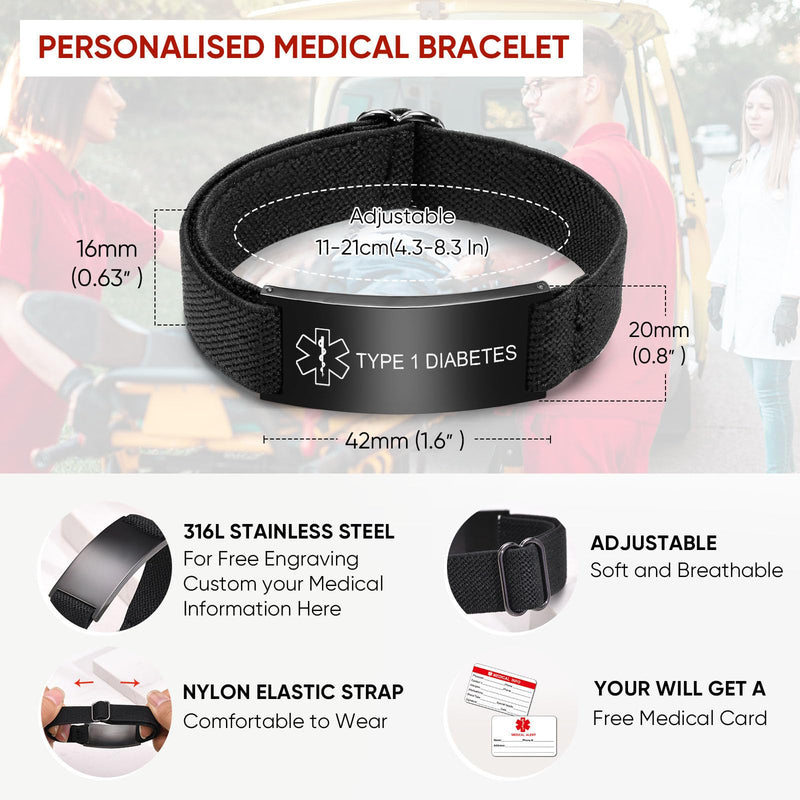 [Australia] - Personalized Medical Alert Bracelet for Men - Customized Elastic Strap Stainless Steel ID Bracelets Engraved Medic Info, Emergency Awareness Medic ID Bracelet for Autism Allergy Diabetic Epilepsy TYPE 1 DIABETES-black 