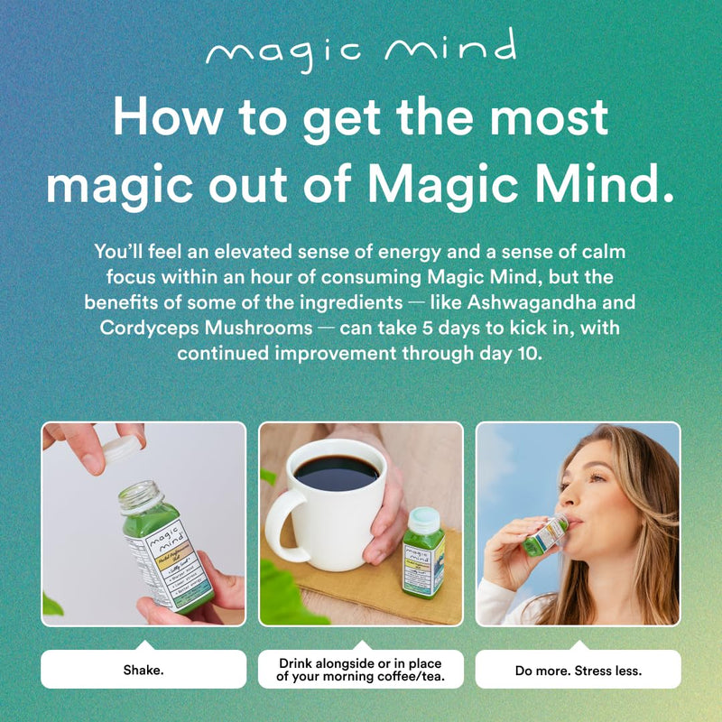 [Australia] - Magic Mind Focus Energy Drink Shots - No Jitters, Stress Relieving, Ashwagandha, Functional Mushrooms, Matcha Green Tea, Vitamin B12, Vitamin C - 2 FL Oz (5 Pack) Green Tea Agave 2 Fl Oz (Pack of 5) 