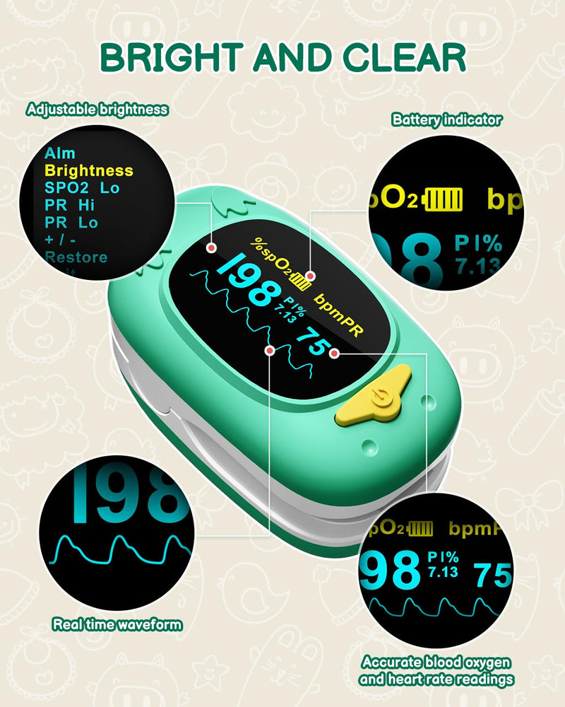 [Australia] - Pulse Oximeter for Kids-HOLFENRY Baby Oxygen Monitor Fingertip for Children Kids Pulse Oximeter Fingertip, Large Display, Included with AAA Battery Green 