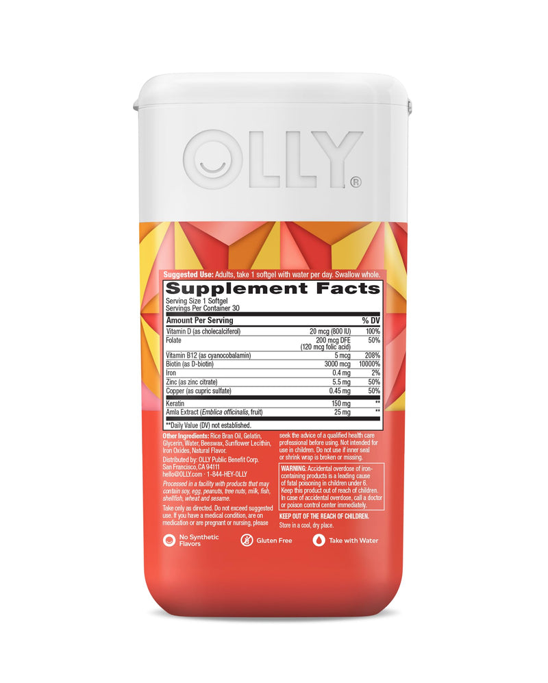 OLLY Ultra Strength Hair Softgels, Biotin, Keratin, Vitamin D, B12 - 30 Ct 30 Count (Pack of 1)