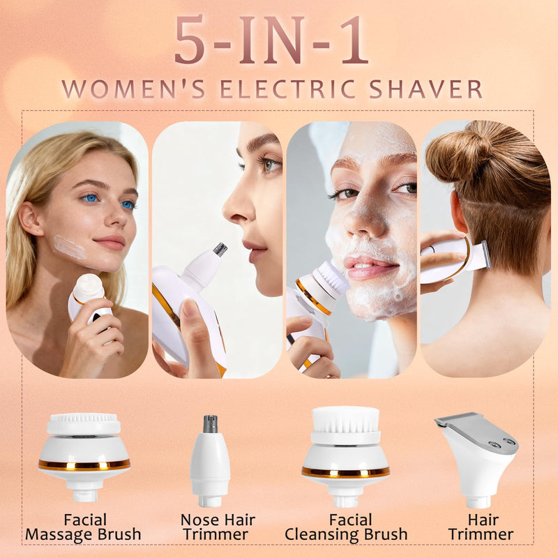 [Australia] - 5-in-1 Electric Razors for Women, Facial Hair Remover & Women’s Shaver for Legs with 5D Floating Head, Waterproof Rechargeable Body Shaver Lady Trimmer, Travel Razor Kit for Sensitive Skin/Bikini Line 