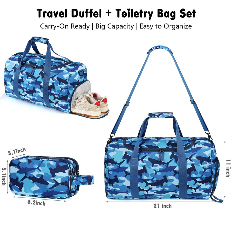 Boys Duffle Bag for Travel, Kids Duffle Bag Large Weekender Overnight Bags with Kids Toiletry Bag Set Shoe Compartment Carry on, Shark Blue