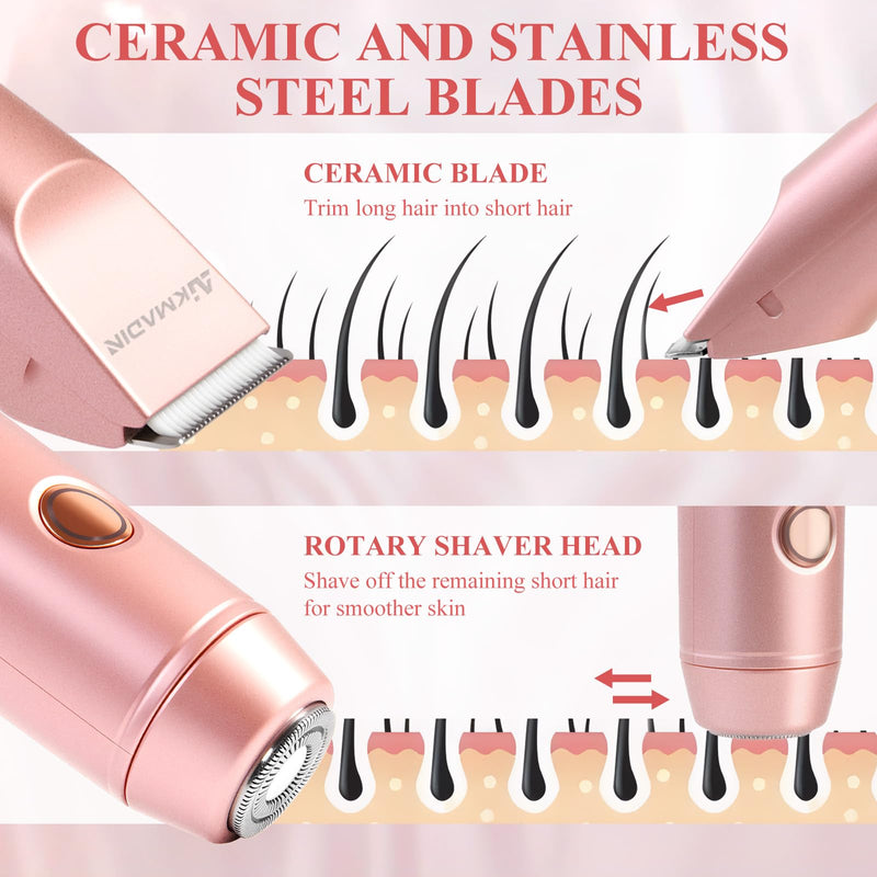 Bikini Trimmer for Women, 2-in-1 Electric Razor & Shaver with IPX7 Waterproof, Low-Noise Painless Design, Wet & Dry Hair Remover for Face, Body & Intimate Areas, 60 Mins Cordless Runtime upgraded version