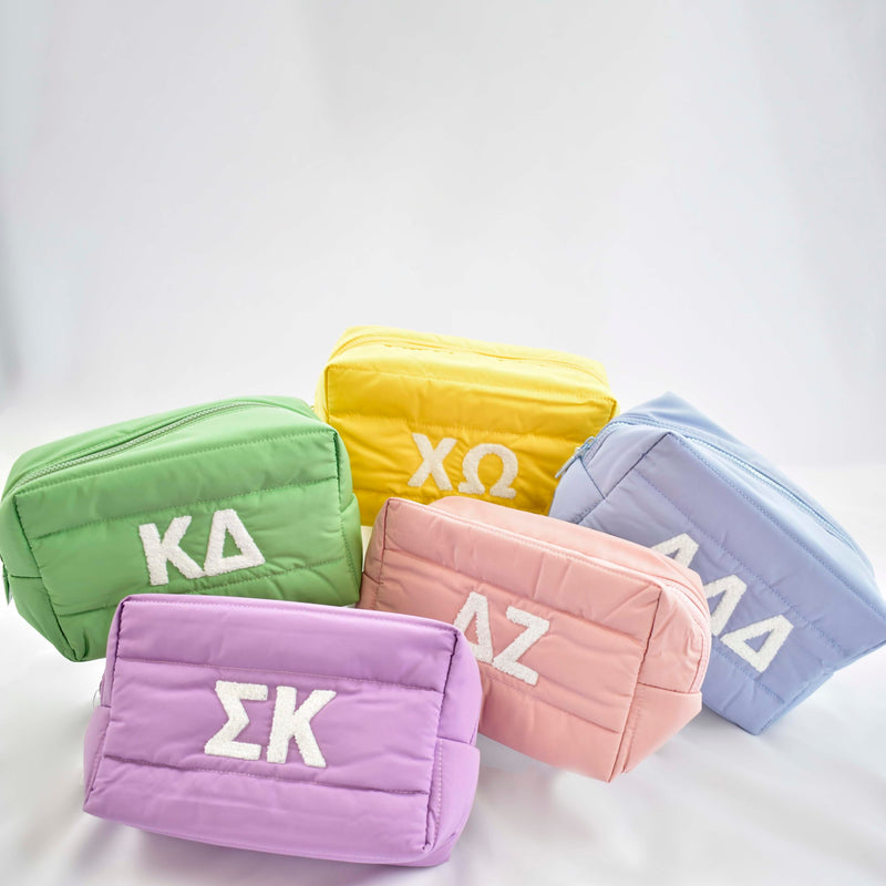 Alpha Sigma Tau Makeup Bag - Puffer Style with Sorority Letters, Travel Cosmetic Bag with Zipper Closure, Perfect Alpha Sigma Tau Sorority Gifts for Women