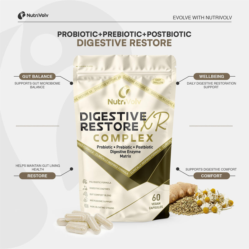 Digestive Restore XR Complex | 60 Vegan Capsules | Polybiotic Formula | Probiotic, Prebiotic, Postbiotic & Enzyme Blend | Gut Comfort, Microbiome Balance & Digestion | Non-Bloating | by NutriVolv