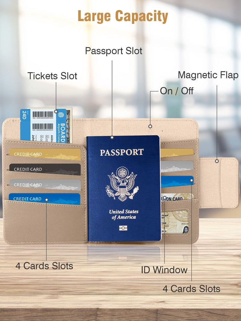 Miroddi Passport Holder Works with Apple Find My, 8-Slot Card Wallet | Travel Essentials, Wireless Charging, RFID Blocking, Leather Passport Wallet for for Men and Women with Tracker, Khaki