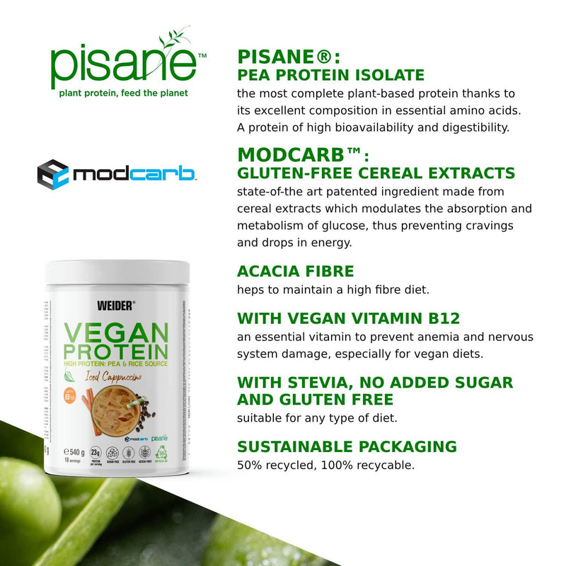 Weider Vegan Protein (540g) Iced Cappuccino Flavour. 23g Protein/dose, Pea Isolate (Pisane) & Rice Protein. with Vitamin B12 & Stevia. Gluten Free, Sugar Free. Packaging 50% Recycled 100% Recyclable