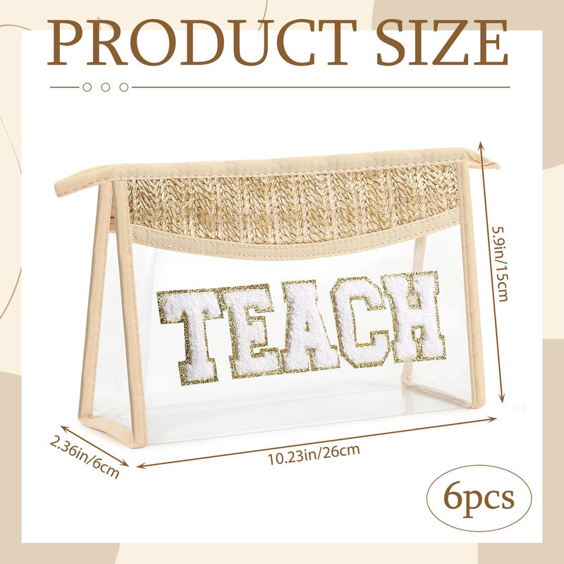 Kajaia 6 Pcs Teach Cosmetic Bags Teacher Appreciation Gift for Woman Boho Straw Clear Makeup Bag with Zipper Woven Toiletry Pouch Chenille Letter Patch Makeup Bag for Retirement Birthday Teacher Gift