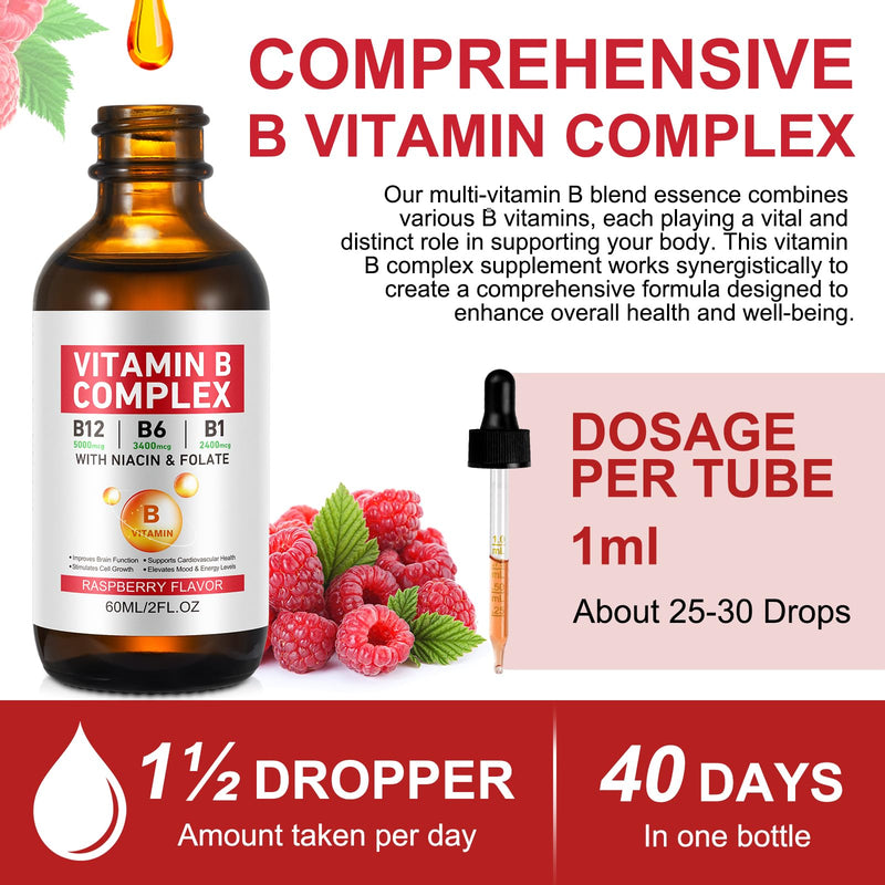 Liquid Vitamin B Complex Supplement, B Vitamins Complex - Vitamin B12 B1 B6 Niacin & Folate, 60ml, Raspberry Flavour - Supports Brain Heart Function, Elevates Mood & Energy Levels