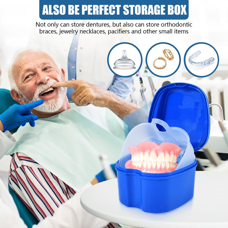 3 Pack Colors Denture Bath Case Cup Box Holder Storage Soak Container with Strainer Basket for Travel Cleaning (White, Blue, Light Blue) White, Blue, Light Blue