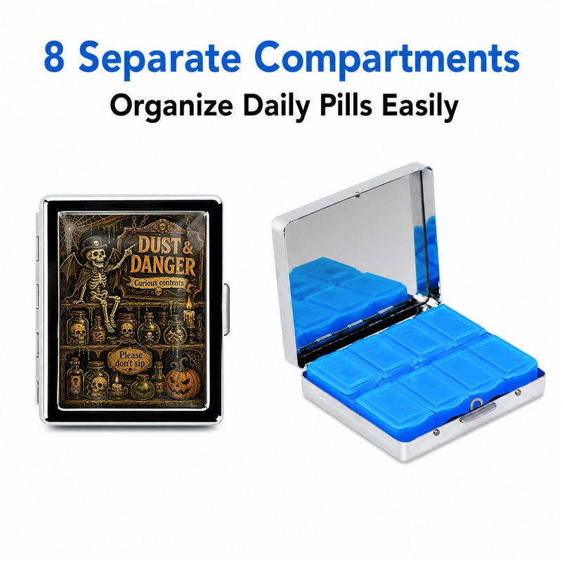 Metal Pill Organizer with Mirror, 8 Compartments Travel Pill Case for Vitamins Supplements Tablets Purse Bag (Skeleton Shelf) Skeleton Shelf