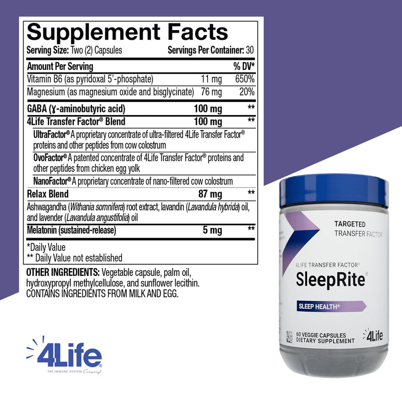 4Life Transfer Factor SleepRite Sleep Support with Melatonin, 60 Capsules | GABA, Magnesium, Ashwagandha, Nightly deep sleep support, Recovery, Daily health balance, Immune wellness, Calming botanicals