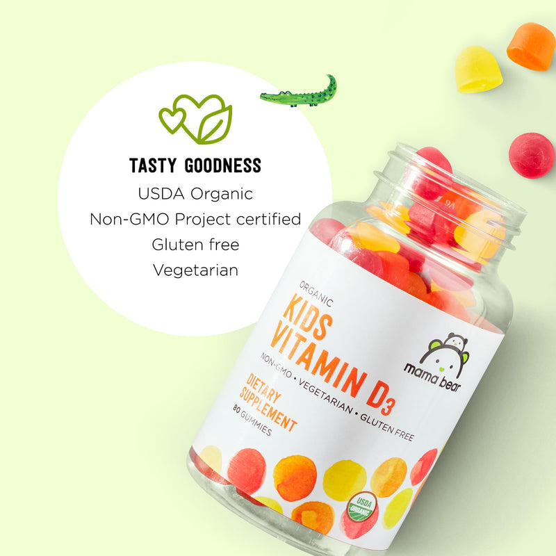 [Australia] - Amazon Brand - Mama Bear Organic Kids Vitamin D3 25 mcg (1000 IU) Gummies per serving, Bone and Immune Health, Strawberry, 80 Count 80 Count (Pack of 1) 