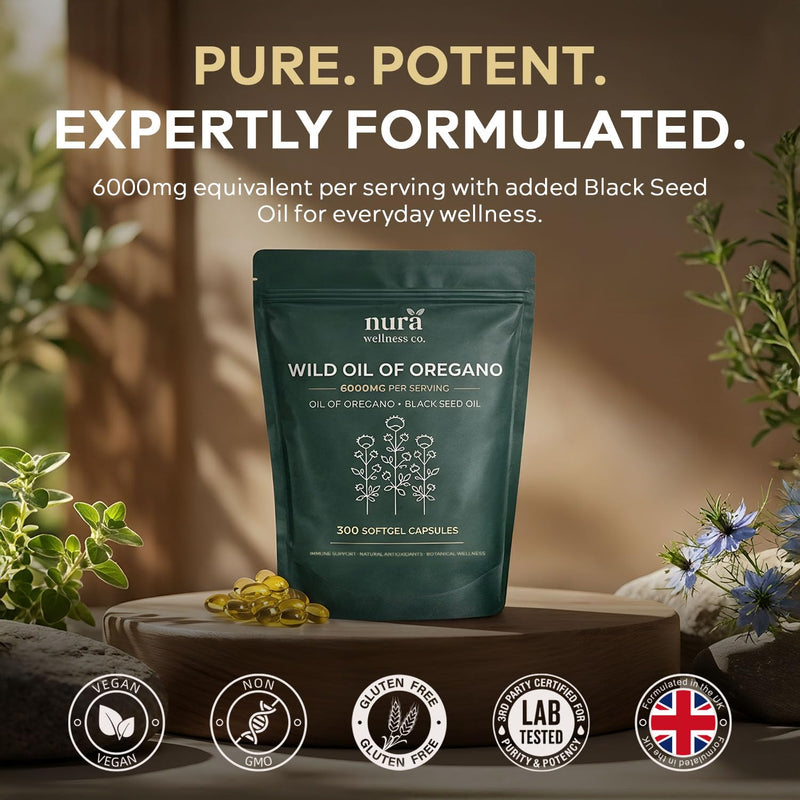 Wild Oregano Oil 6000mg with Black Seed Oil Capsules Herbies - 300 Vegan Softgels (150 Day Supply) - Potent Immune Support & Gut Health Supplement