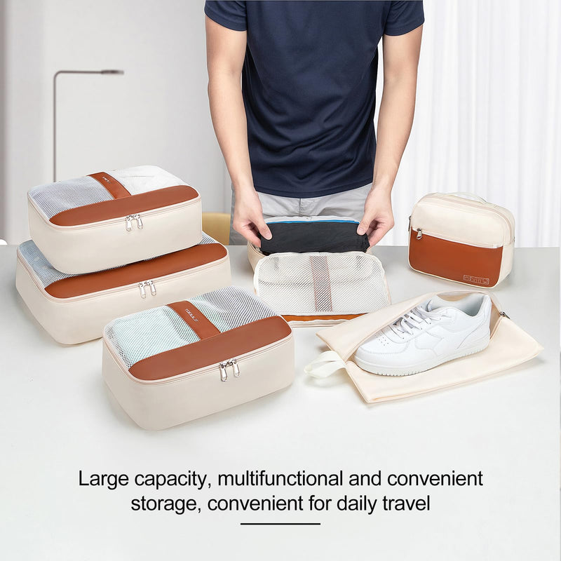 Structured PU Leather Mesh Packing Cubes with Metal Zippers, Breathable Travel Organizer Bags to Separate Dirty Shoes and Prevent Collapsing, Vacation Essentials, 6 Piece Set Fits 20-28 in Suitcases