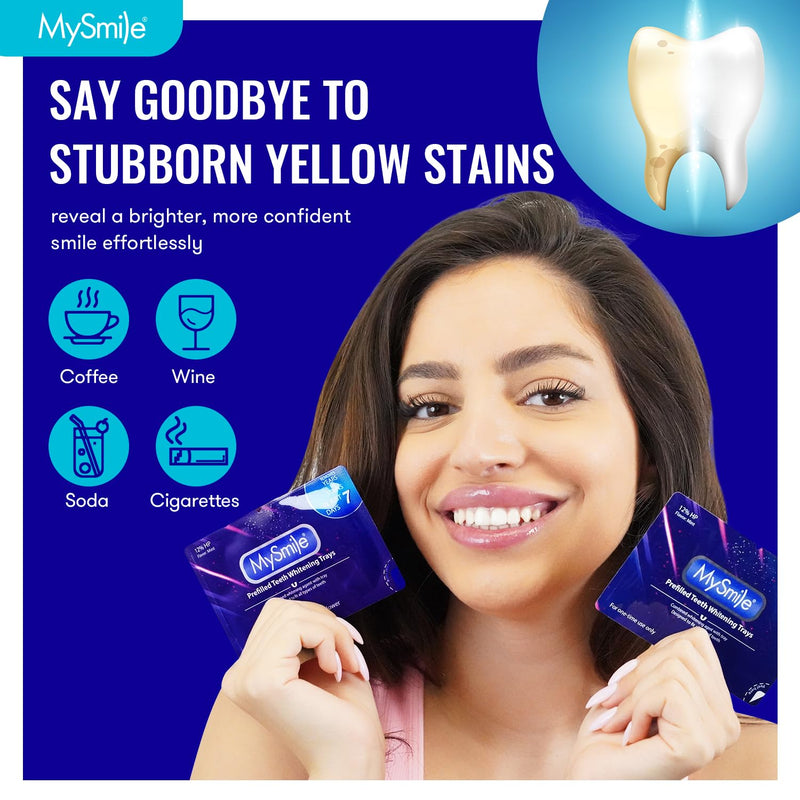 MySmile Prefilled Teeth Whitening Trays Kit, with 12% Hydrogen Peroxide Whitening Gel to Teeth Whitening for Sensitive Teeth, No Mess U-Wrap Design, Fast-Result, Enamel-Safe, Mint Flavor, 7 Treatments