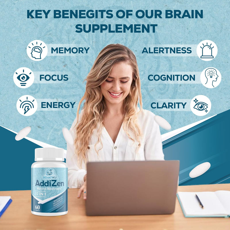 [Australia] - 17-in-1 Brain Supplement for Memory and Focus | Natural Nootropics Brain Supplement for Brain Cognition, Energy | High Absorption | L-Theanine, Phytonutrient Blend and Vitamins B6, B12 | 60 Tablets 60 Count (Pack of 1) 