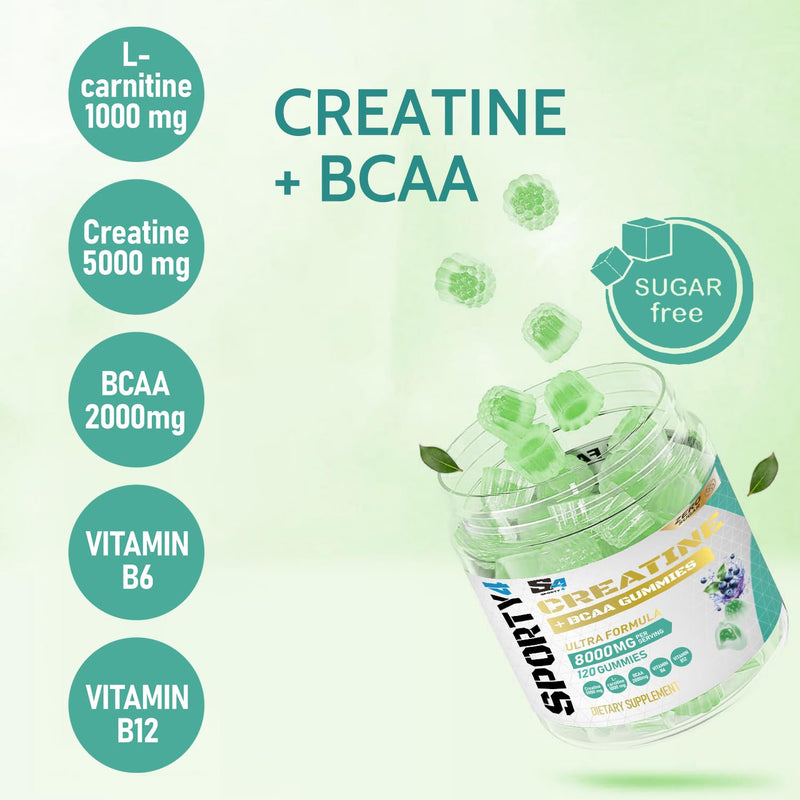 Lab Tested CREATINE Ultra + BCAA 8000mg | 120 Gummies | L Carnitine | Vitamin B6 and B12. Pre Workout Muscle Recovery Supplement for Men and Women, Sugar Free | Pre/Post Workout Gym