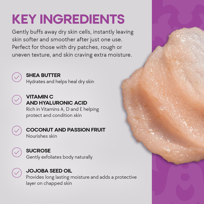 Dermasuri Exfoliating Sugar Body Scrub, Hyaluronic Acid, Shea Butter, 227g | Vitamin C Body Scrub For Women & Men, Hydrating Body Exfoliator Removes Dead, Dry Skin, Coconut Passion Fruit, All Skin Types