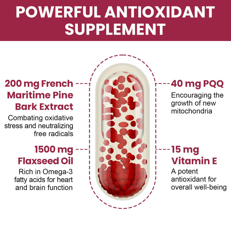 [Australia] - French Maritime Pine Bark Extract 200 mg, Unique Dual-Delivery for Maximum Absorption, Premium Pycnogeno with PQQ for Vascular & Heart & Joint Function - 60 Vegan Softgels 60 Count (Pack of 1) 