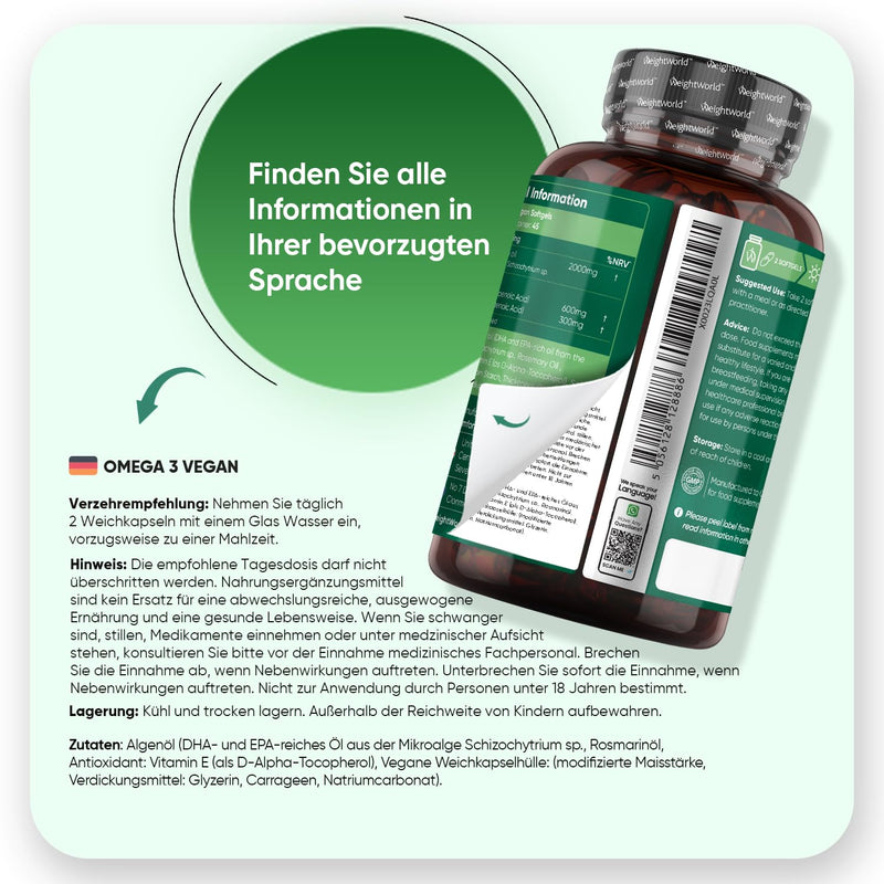 [Australia] - Vegan Omega 3 capsules - 2000mg algae oil provide 600mg DHA & 300mg EPA per day - 90 softgels - Heart, Brain, Vision & Blood Pressure (EFSA) - Free from magnesium stearate, gelatin & gluten - WeightWorld 