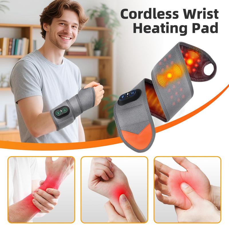 Cordless Wrist Heating Pad for Pain Relief, Wrist Massager for Carpal Tunnel, Heated Wrist Wrap Brace for Arthritis, Red Light Therapy Wrist Brace with 3000mAh Rechargeable, Gray