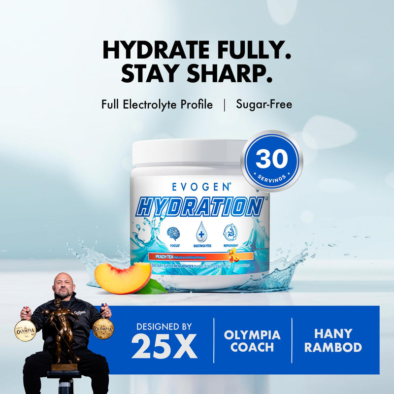 Evogen Hydration Sugar-Free Electrolytes | Peach Tea | 30 Servings | Potassium, magnesium, sodium, calcium and coconut water with citicoline, taurine and B vitamins for energy and focus Tub