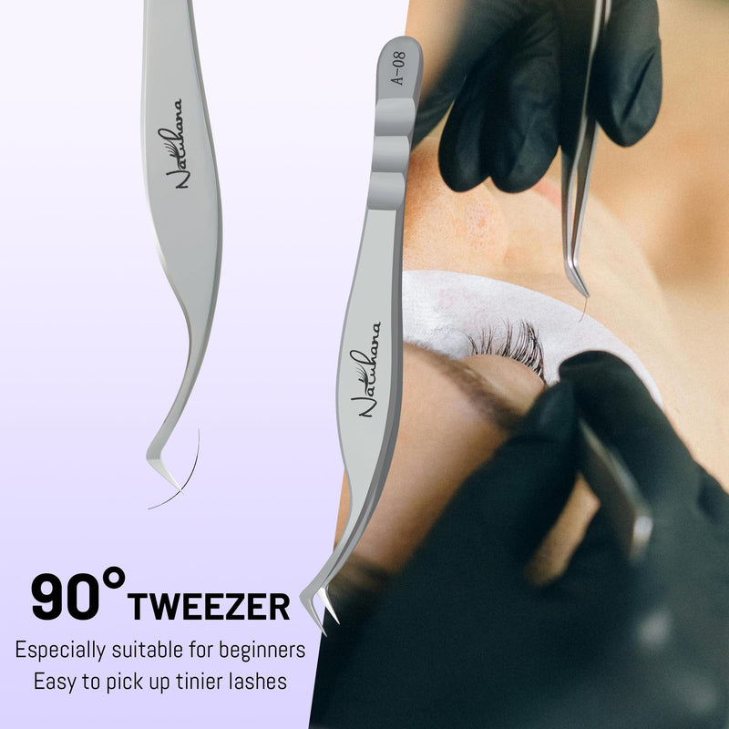 High Precision Lash Tweezers for Individual and Volume Eyelash Extensions Premium Stainless Steel Curved Fiber Tip Professional Isolation Tweezer A-08+06+03+01+02