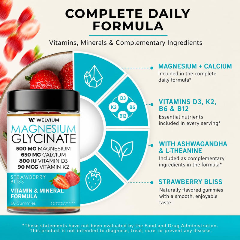 Magnesium Glycinate Gummies with Ashwagandha, L-Theanine & Vitamins | 500mg Magnesium Glycinate, D3, K2, B6, Calcium, Zinc, Potassium Supplement for Immune Support, Chewable Magnesium