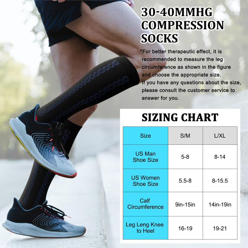 30-40mmHg Medical Graduated Compression Socks for Women&Men Circulation-Knee High Socks for Support,Hiking,Running 1-2 Pack Black Large-X-Large