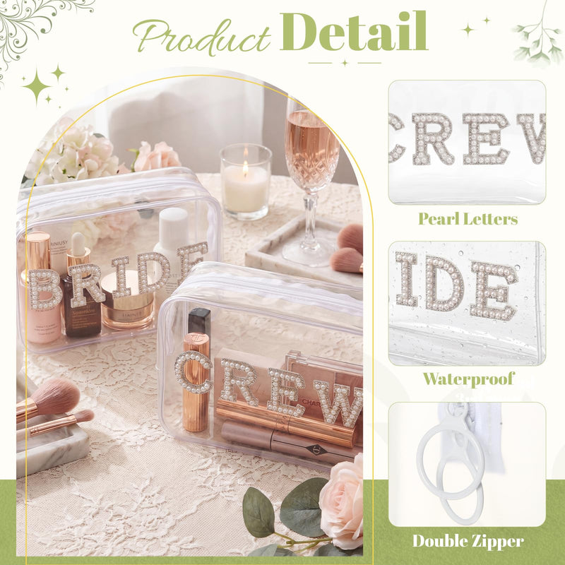 Kacctyen 6 Pack Bride Crew Clear Makeup Bag Gifts for Bridesmaids Bridal Party Engagement Cosmetic Bag Bling Pearl Rhinestone Letter Patches Waterproof Bags Wedding Party Bachelorette Favors