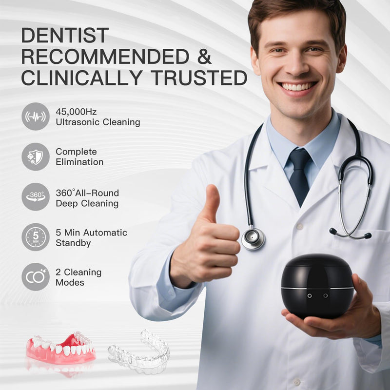 [Australia] - Dental Ultrasonic Retainer Cleaner Machine: 45kHz Dental Cleaning Pod for Denture, Aligner, Mouth Guard, Night Guard, Braces & Jewelry, UV Denture Cleaner with Digital Timer & Dual Mode 250ML Black 