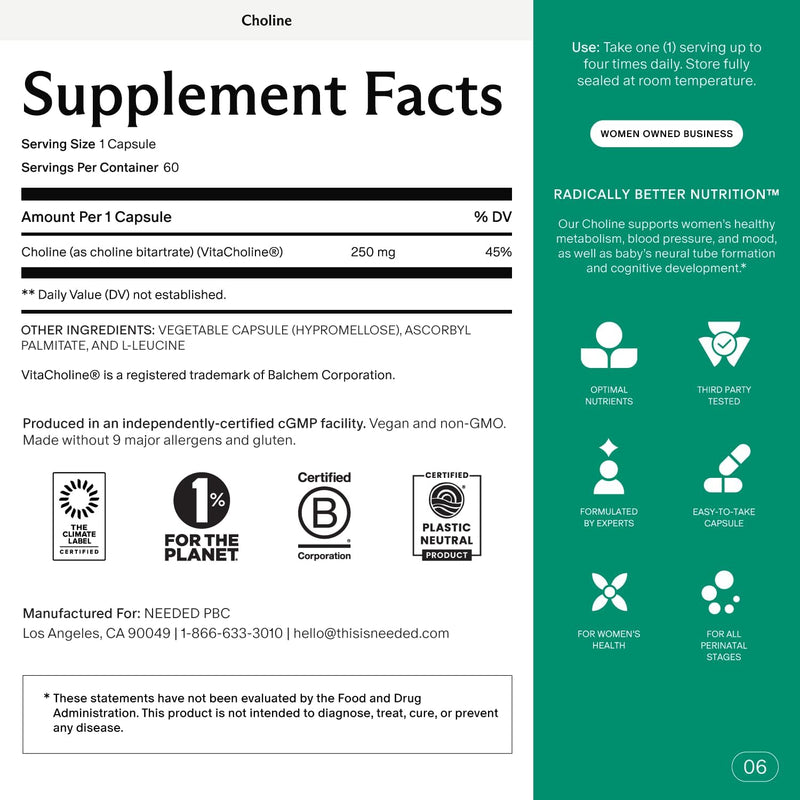 [Australia] - Needed. Prenatal Choline for Cognitive Development - Choline Supplement Aids Baby Brain Development - Supports Healthy Pregnancy & Metabolism - Third Party Tested - 60 Capsules Powder Capsules 60 Count (Pack of 1) 