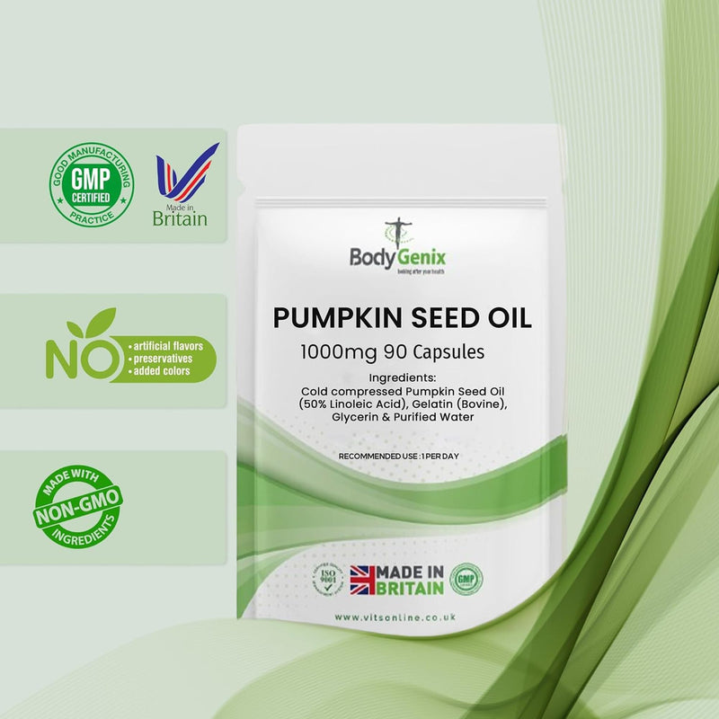Bodygenix Pumpkin Seed Oil 1000mg Capsules - Anti Inflammatory Skin Health Immune System Heart Wellness Natural Supplement - 90 Capsules 3 Month Supply