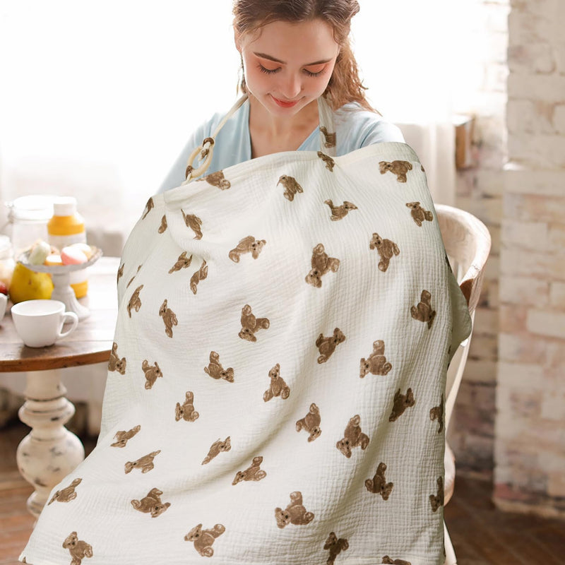 [Australia] - Muslin Nursing Cover for Baby Breastfeeding, Breathable 100% Cotton Breastfeeding Cover with Rigid Hoop for Mother Nursing Apron, Multi-use Carseat Canopy (Bear) Bear 