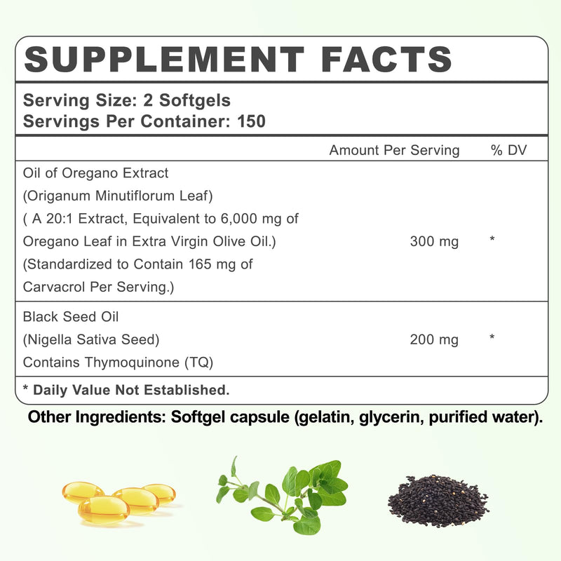 [Australia] - Oil of Oregano Capsules - Oregano Oil with Black Seed Oil, Contain Carvacrol & Thymoquinone, Digestive and Antioxidant Support, Smells Robust - Spicy and Subtly Bitter, 300 Softgels - 150 Days Supply 
