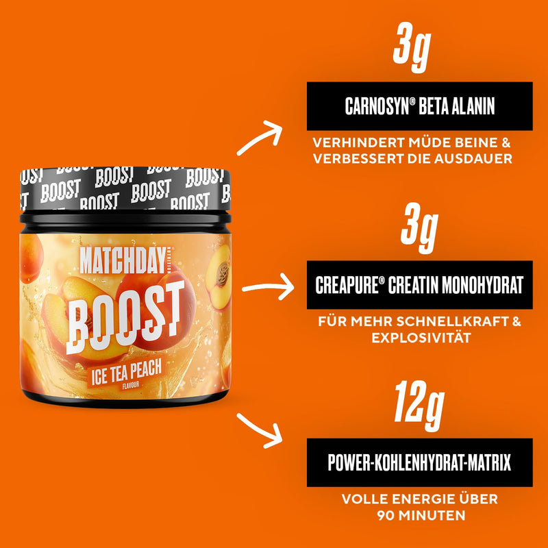 MATCHDAY NUTRITION Boost for Footballers | ATP Booster | Sports Drink with Amino acids and carbohydrates | 20 Servings for Increased Speed, Explosiveness and Endurance (Ice Tea Peach)