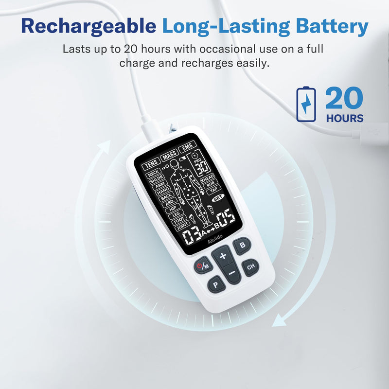 Alcedo Rechargable TENS+EMS Muscle Stimulator for Pain Relief | 3-in-1 Dual Channel, 40 Levels, 41 Programs, 8 Reusable Pads (3 Sizes), A/B Control, Back/Neck Pain