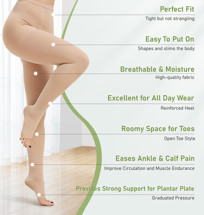 [Australia] - KEKING Medical Compression Pantyhose for Women & Men, Comfort 20-30 mmHg Graduated Compression Support Stockings, Open Toe Compression Tights for Varicose Veins, Edema, Flight, Beige L Large 20-30mmhg Open Toe Beige 