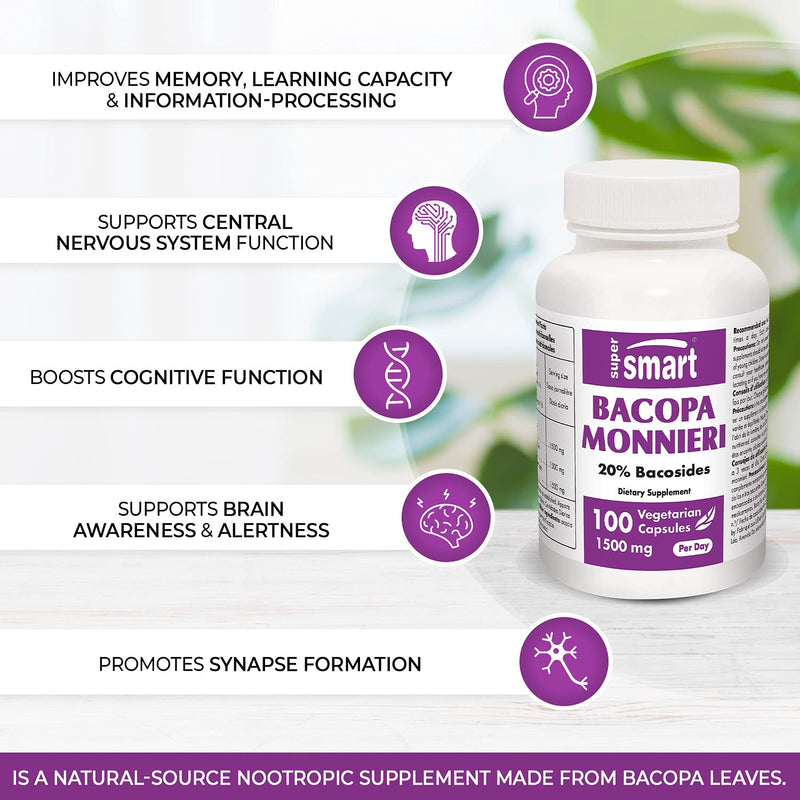 [Australia] - Supersmart - Bacopa Monnieri 1500 mg Per Day - Nootropic Supplement & Brain Boost - Help Improve Learning, Memory & Information Processing | Non-GMO & Gluten Free - 100 Vegetarian Capsules 