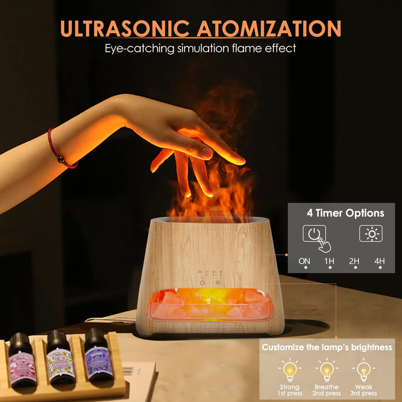 [Australia] - SALKING 2-in-1 Aroma Diffuser & Salt Range Pakistan Light, Flame Effect Diffuser for Essential Oils, Diffuser Cool Mist Humidifier with 3 Brightness, 150ml Wood 