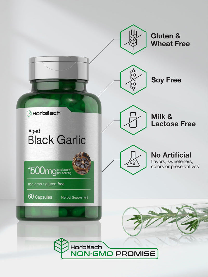 Horbäach Aged Black Garlic Capsules 1500mg | 60 Count | Fermented Extract Supplement | Non-GMO, Gluten Free