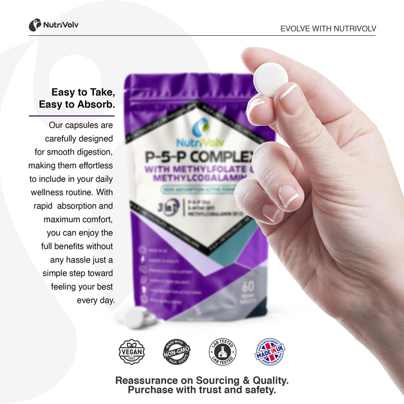 P5P Complex | 60 Vegan Tablets | with Active B6 (Pyridoxal-5-Phosphate), Methylfolate (5-MTHF) & B12 (Methylcobalamin) | High Absorption Formula for Energy, Mood & Hormone Support | by NutriVolv