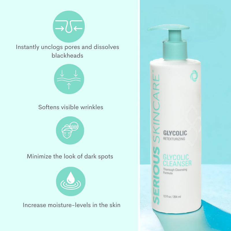 Serious Skincare Glycolic Cleanser - Skin Exfoliating Face Wash - 10% Glycolic Acid - Deep Pore Purifying - Removes Makeup, Oil, Blackheads and Impurities - Shave Prep - Anti-Aging 12 Fl. Oz. 12 Fl Oz (Pack of 1)