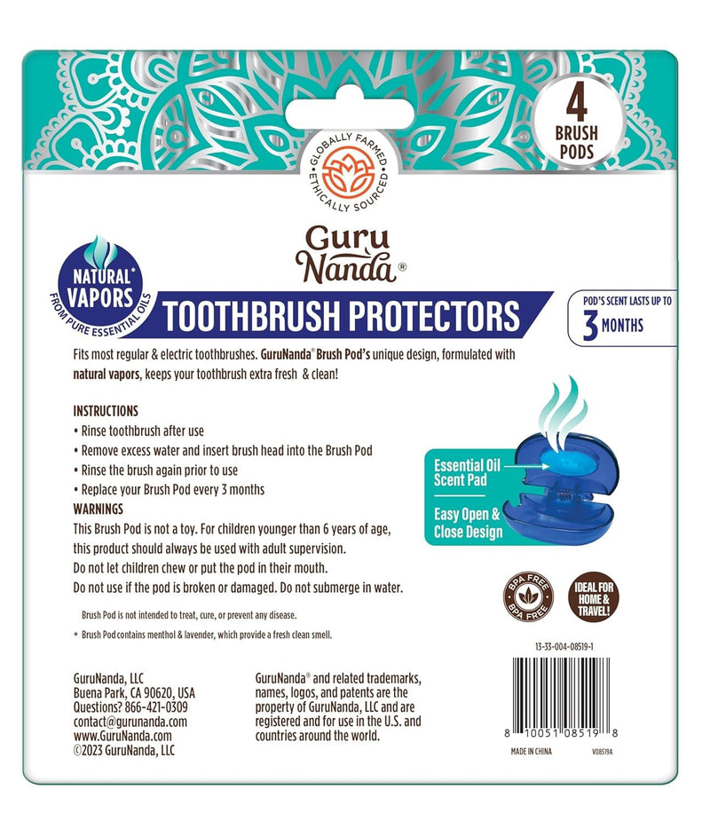 [Australia] - GuruNanda Brush Pods - Toothbrush Cover for Manual & Electric Toothbrush, Keeps Toothbrush Fresh & Clean, Travel Accessories with Natural Essential Oil Vapors, 4 Pack Pack of 4 