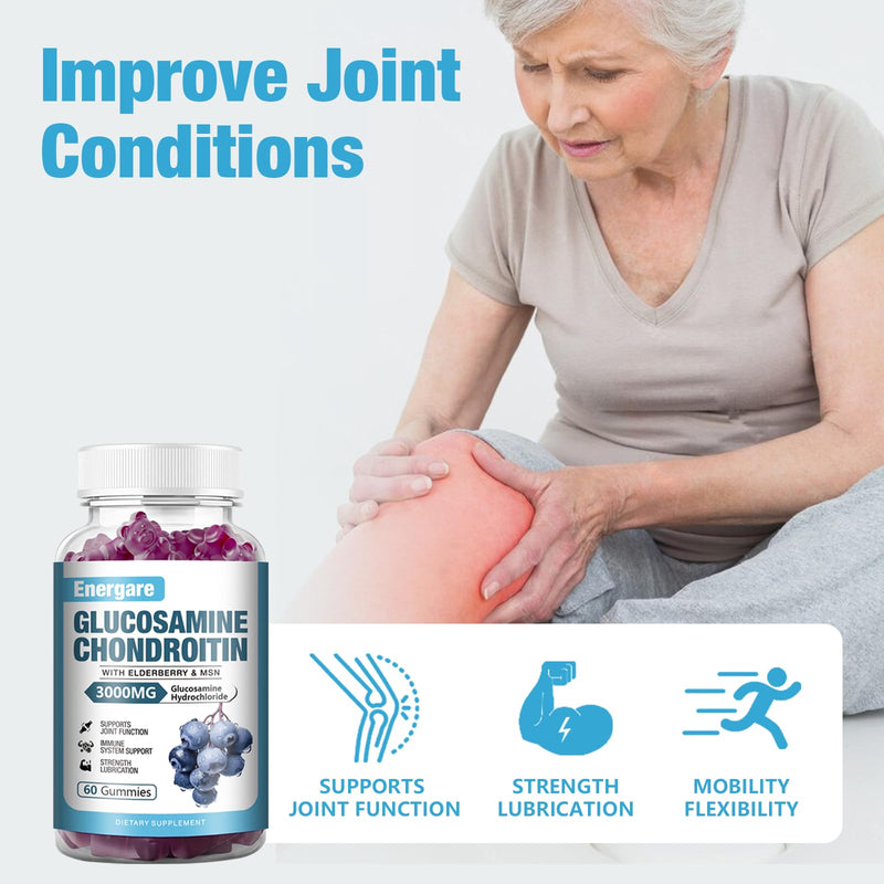 [Australia] - 2 Pack 3000mg Glucosamine Chondroitin with MSM Gummies & Elderberry, Extra Strength Joint Support Health, Flexibility, Antioxidant, Immune Supplement Gummy for Adults, Men & Women 120 Counts 60 Count (Pack of 2) 